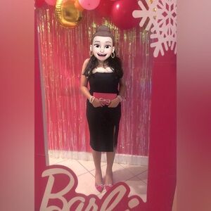 Formal, cocktail, Black pencil midi dress, off-white chiffon roses, slit. Size L